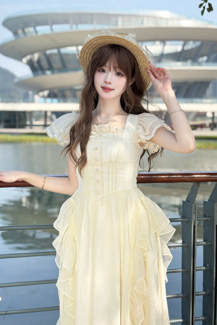 Apricot [Moonlight Beach] Square Collar Short Sleeves Ruffle Sweet Lolita Dress - Product - 2