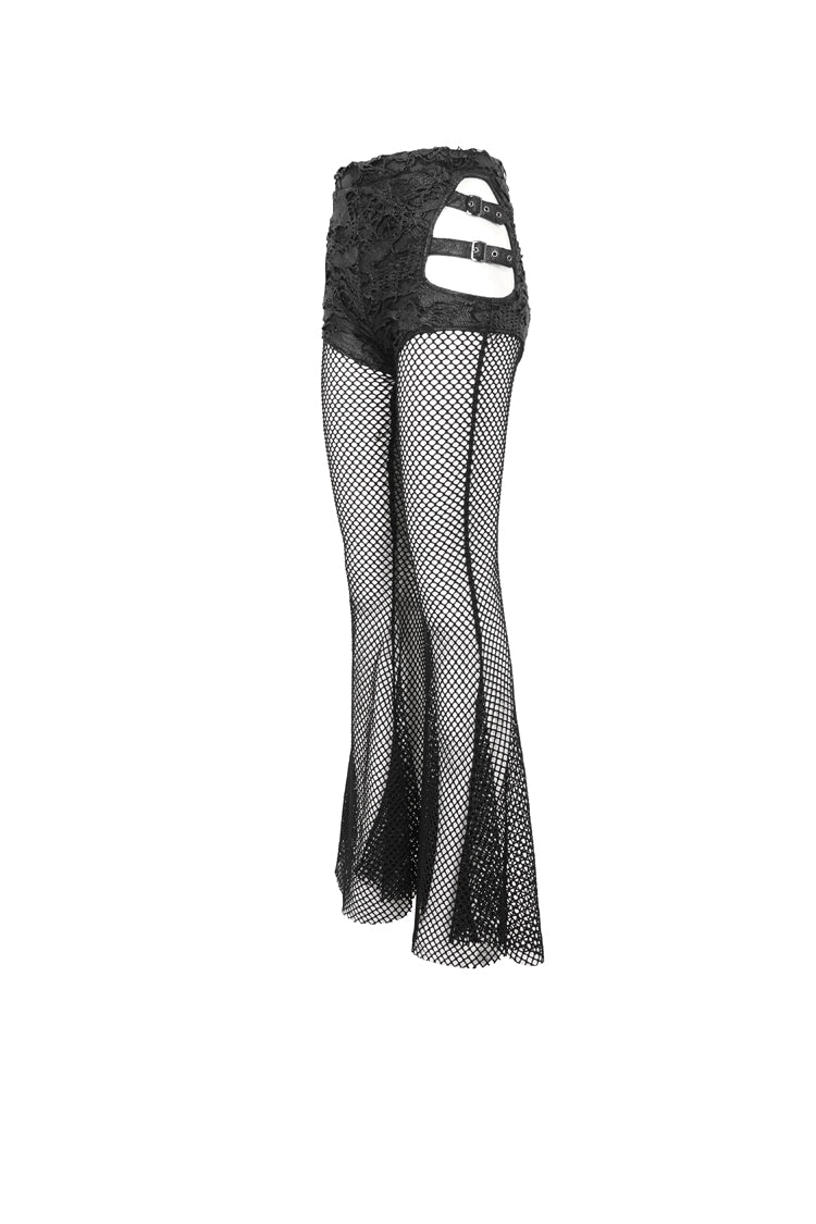 Black Stretch Knit Panel Mesh Cutout Flare Women's Gothic Trousers - Product - 7