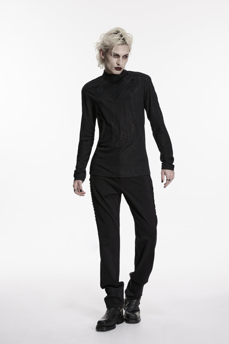 Black High Collar Long Sleeves Jacquard Spliced Slim Men's Gothic Top - Product - 4