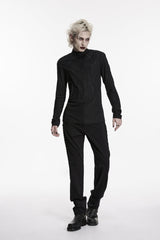Black High Collar Long Sleeves Jacquard Spliced Slim Men's Gothic Top - Product - 4