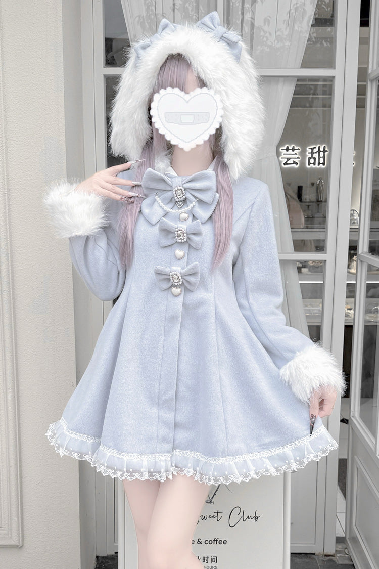 Aqua Long Sleeves Bowknot Rabbit Ears Detachable Hooded Japanese Jirai Kei Coat - Product - 4