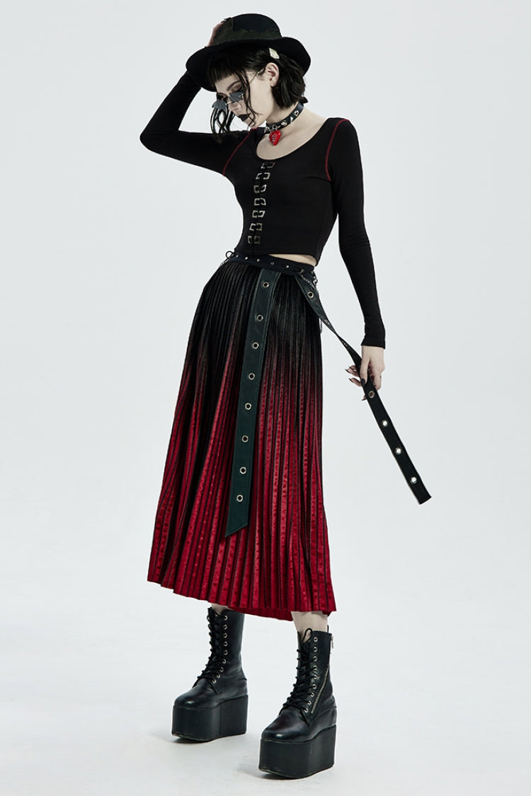 Black/Red Metal Nails Metal Chain Decoration Gradient Women's Steampunk Skirt - Product - 4