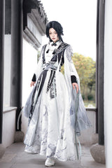 Black/White [Magpie Feather] Stand Collar Long Sleeves High Waisted Printed Embroidered Women's Classic Hanfu Dress Set - Product - 2