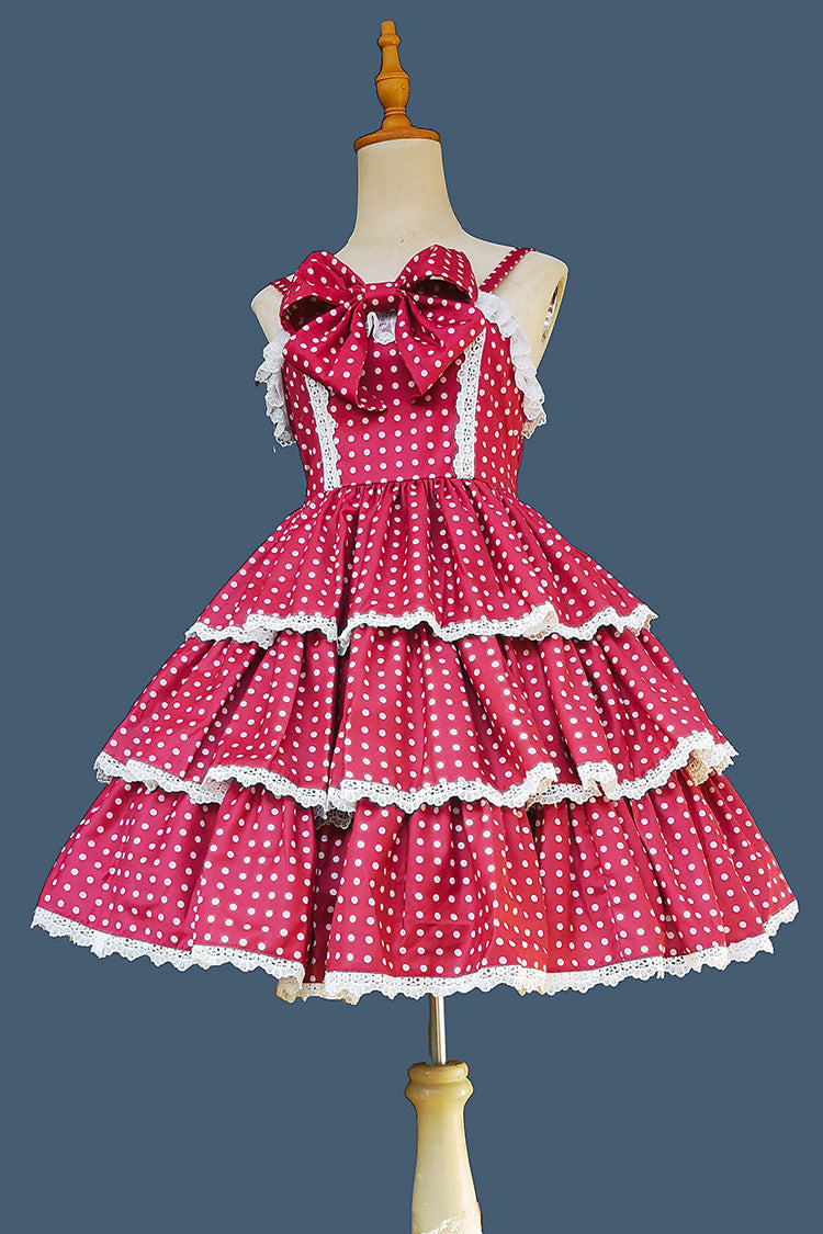 Red [Cloth Cat] Triple-Layered Polka Dots Print Ruffle Bowknot Sweet Lolita Dress - Red - 1