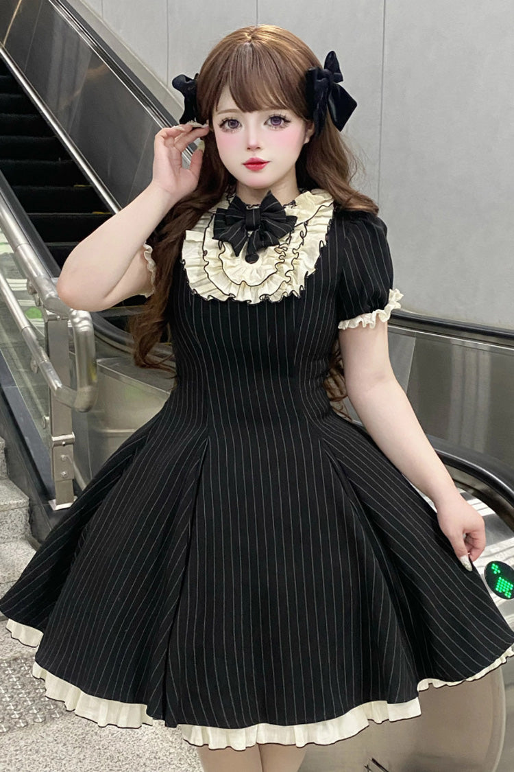 Black Short Sleeves Stripe Print Ruffle Bowknot Sweet Plus Size Maid Lolita Dress - Product - 3