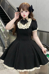 Black Short Sleeves Stripe Print Ruffle Bowknot Sweet Plus Size Maid Lolita Dress - Product - 3