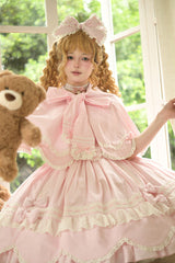 Pink [Petal Bunny] Cotton Square Collar Short Sleeves Double-Layered Ruffled Bow Lace Lace-Up Sweet Lolita Dress - Product - 2