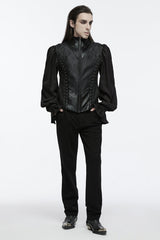 Black Sleeveless Eyelets Buckle-up Lace-Up Men's Gothic Vest - Product - 2
