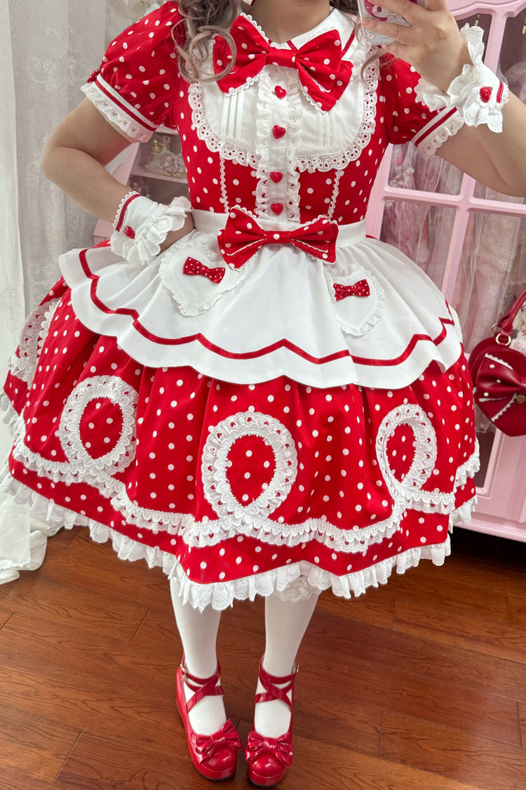 [A Day as a Candy Shop Owner] Peter Pan Collar Short Sleeves Printed Bow Sweet Lolita Dress 3 Colors (Red, Blue, Pink) - Product - 33