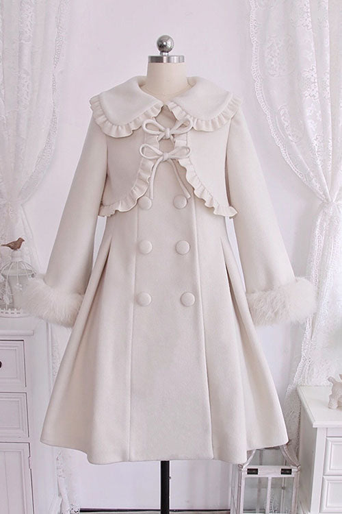Ivory Double Breasted Bowknot Plush Long Sleeves Fake Two-Piece Woolen Lolita Coat - Ivory - 1