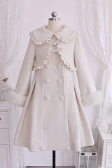 Ivory Double Breasted Bowknot Plush Long Sleeves Fake Two-Piece Woolen Lolita Coat - Ivory - 1