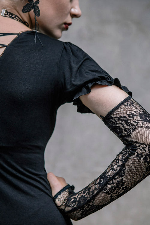 Black Sexy Mid-Length Patterned Lace Modal Women Gothic T-Shirt With Necklace - Product - 7