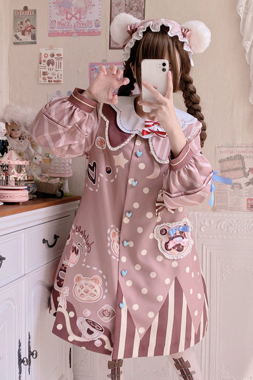 Pink Doll Lapel Collar Single Breasted Lantern Long Sleeves Bear Print Sweet Lolita OP Dress - Product - 3