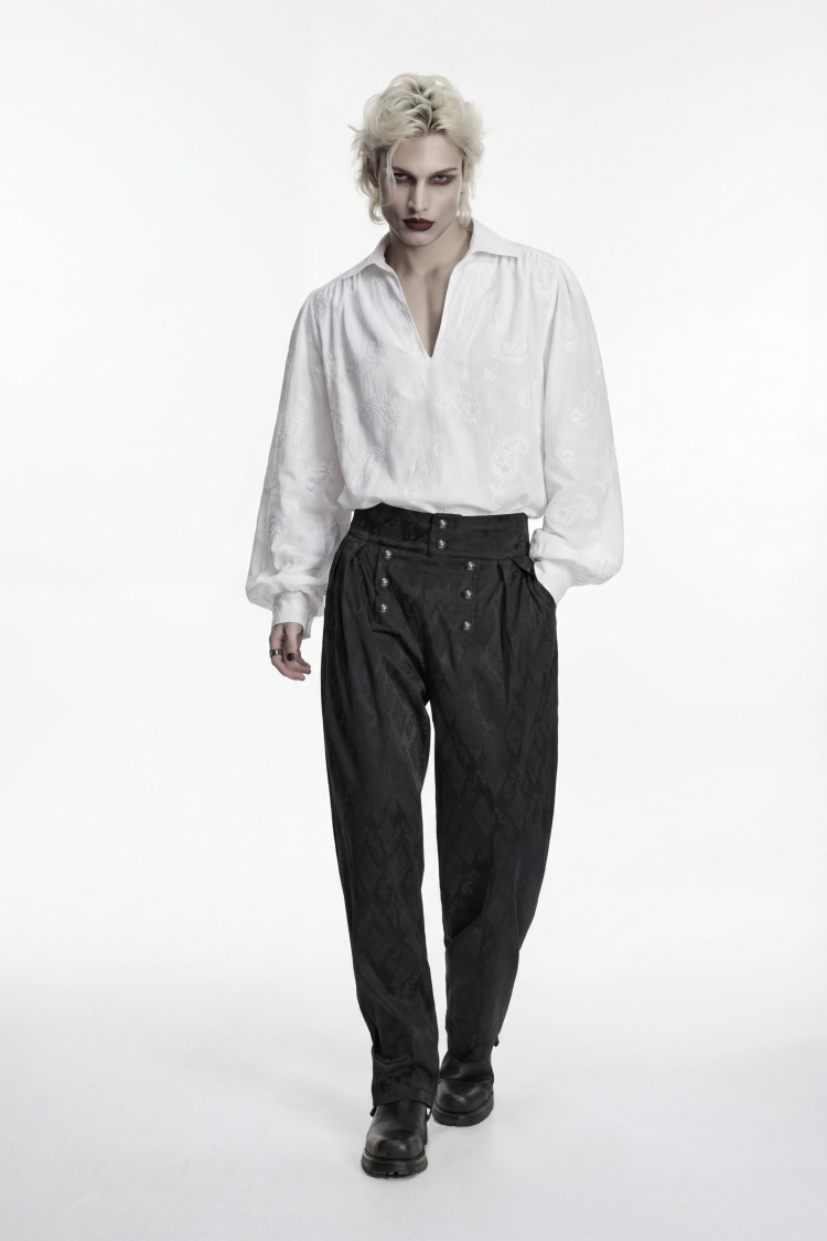White Lapel Collar Long Lantern Sleeves Printed Embroidered Men's Gothic Shirt - Product - 4