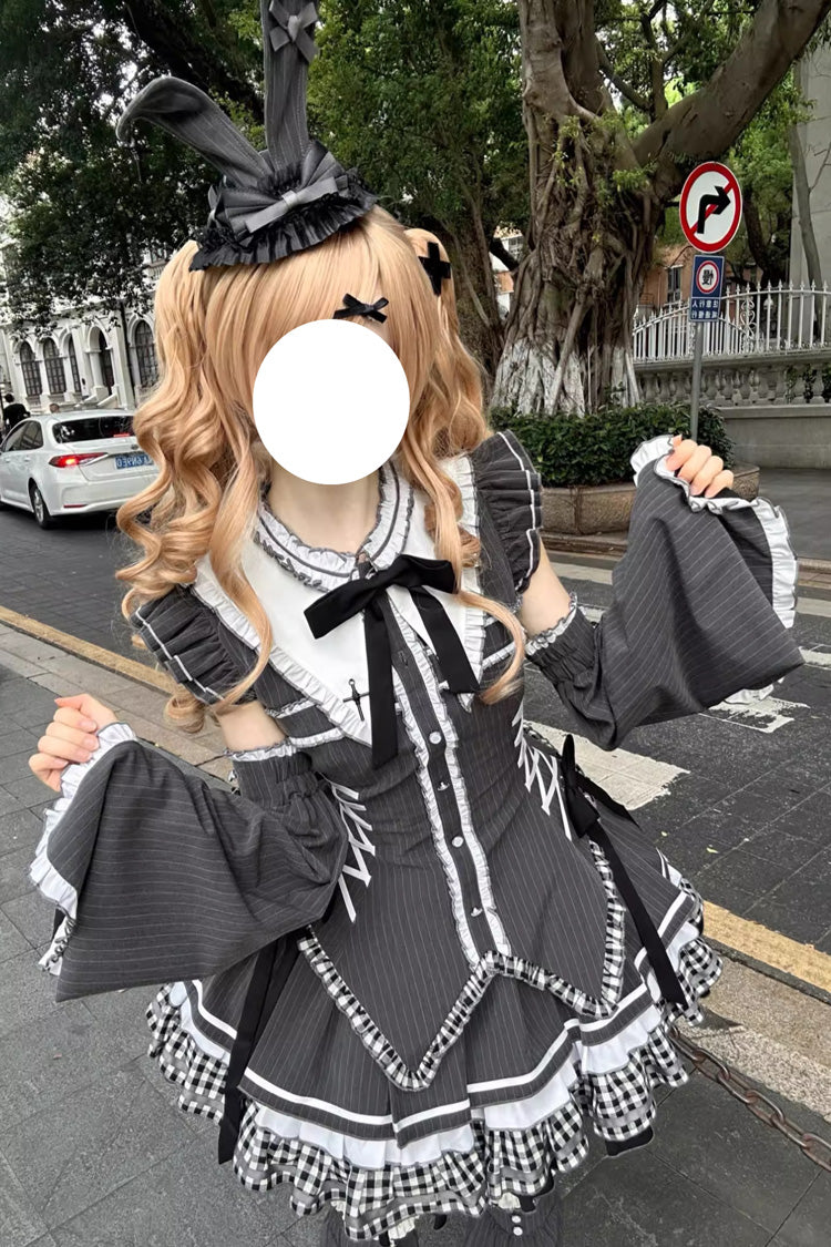 ブラック [Berlin Covenant] 取り外し可能な袖 姫袖 プリント フリル リボン レースアップ ゴシックロリータワンピースセット 商品画像
