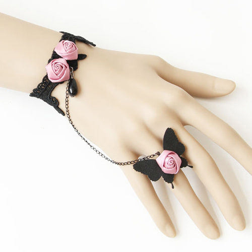 Retro Fashion Palace Black Leather Lace Pearl Pink Rose Creative Female Lolita Ring Bracelet - Pink - 1