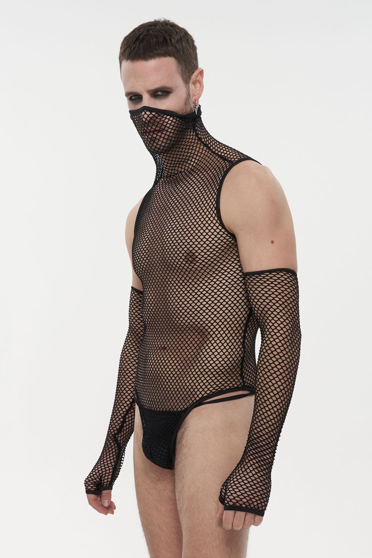 Black Transparent Mesh Sexy Super High Collar Masked Glove Thong Men's Punk Onesie - Product - 2