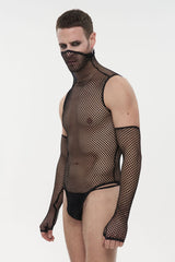 Black Transparent Mesh Sexy Super High Collar Masked Glove Thong Men's Punk Onesie - Product - 2