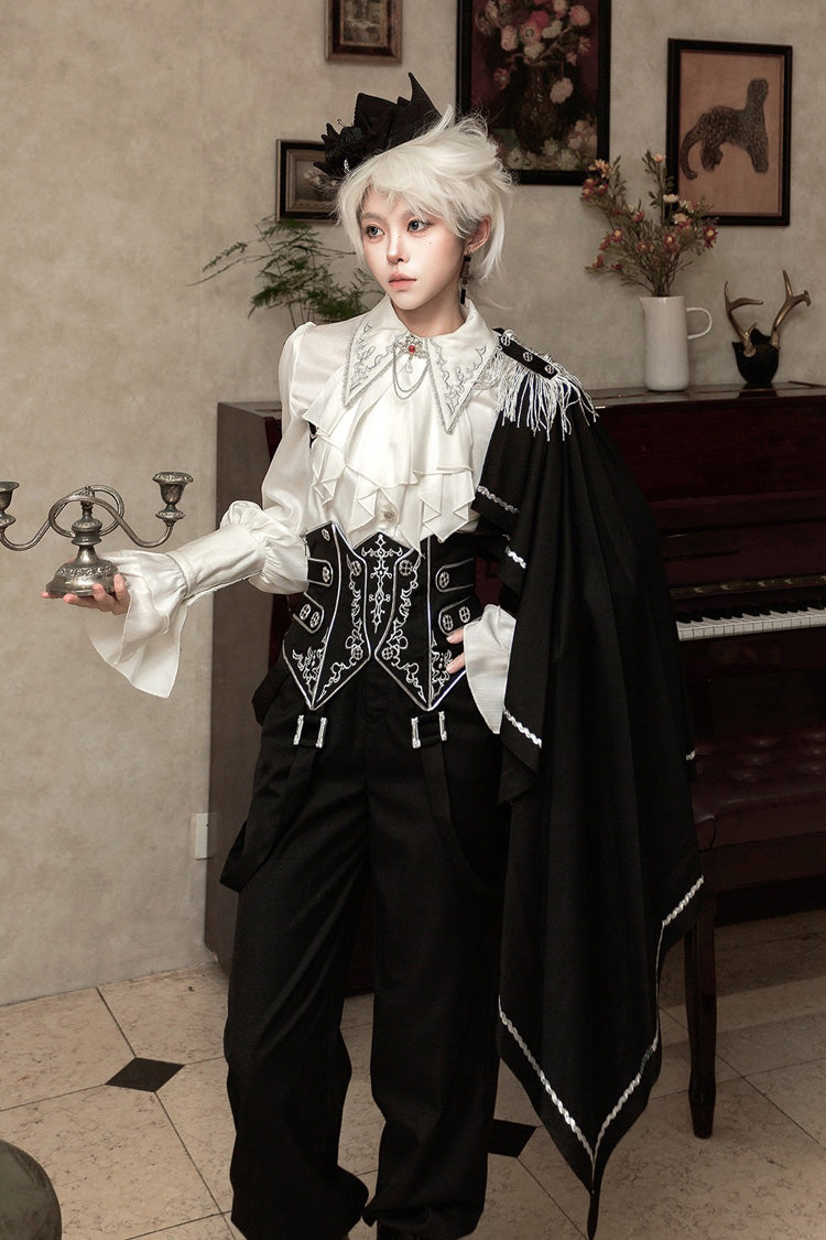 Black/White Embroidery Asymmetric Gothic Prince Handsome Ouji Lolita Set - Product - 4