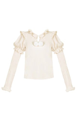 Hair Ball Tie Long Puff Sleeves Sweet Lolita Blouse 4 Colors - Ivory - 1
