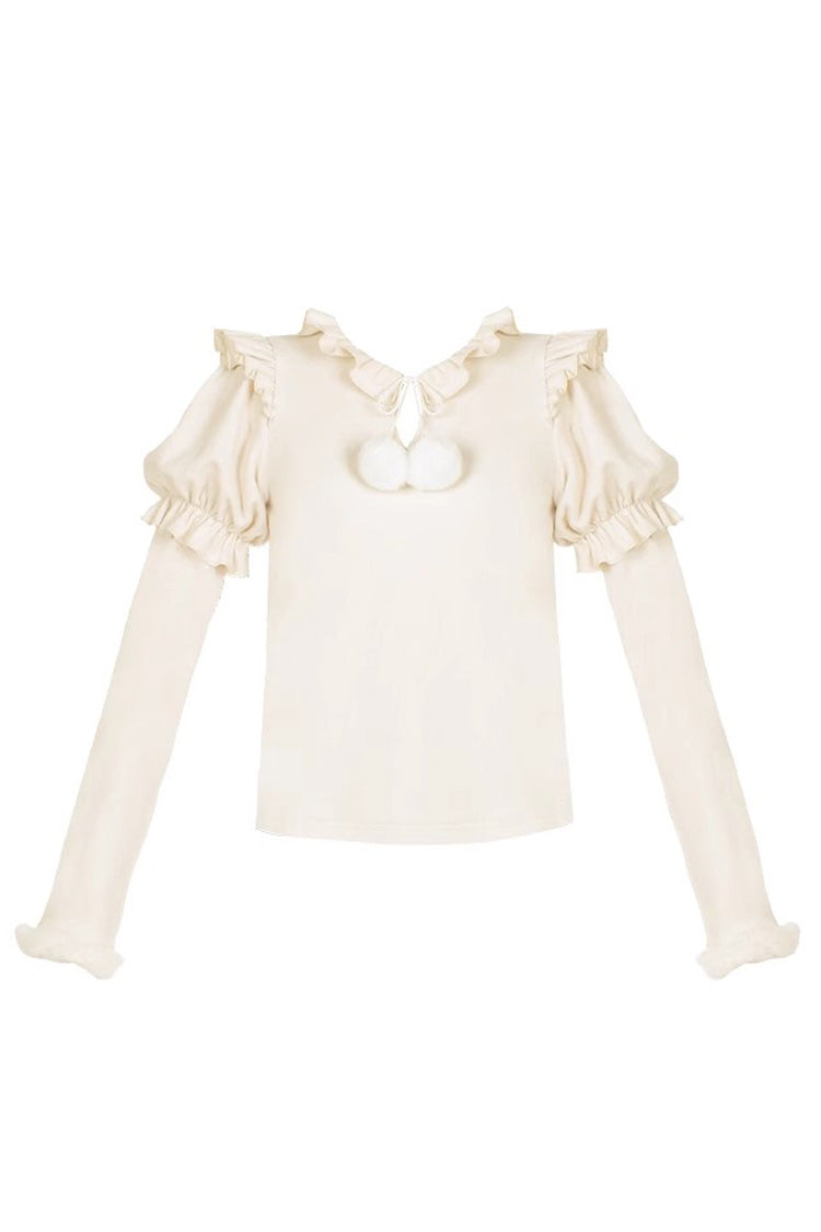 Hair Ball Tie Long Puff Sleeves Sweet Lolita Blouse 4 Colors - Ivory - 1