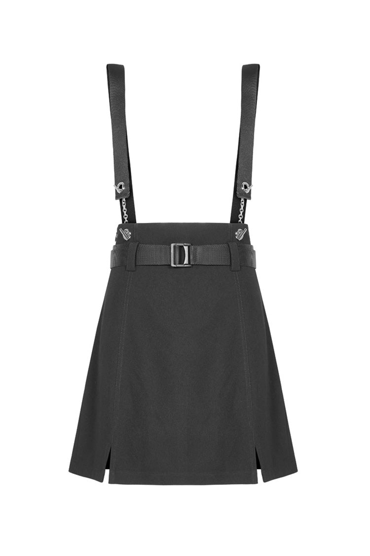 Black Metal Ring Shoulder-Strap Buckle Belt Split Hem A-Shaped Women's Punk Skirt - Product - 5