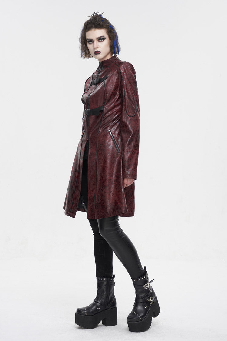 Red Double Buckle Faux Leather Long Women's Punk Coat - Product - 5