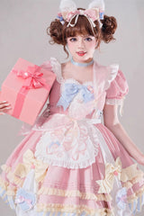 Pink Short Sleeves Multi-Layered Ruffle Bowknot Sweet Princess Lolita Dress Full Set - Product - 5