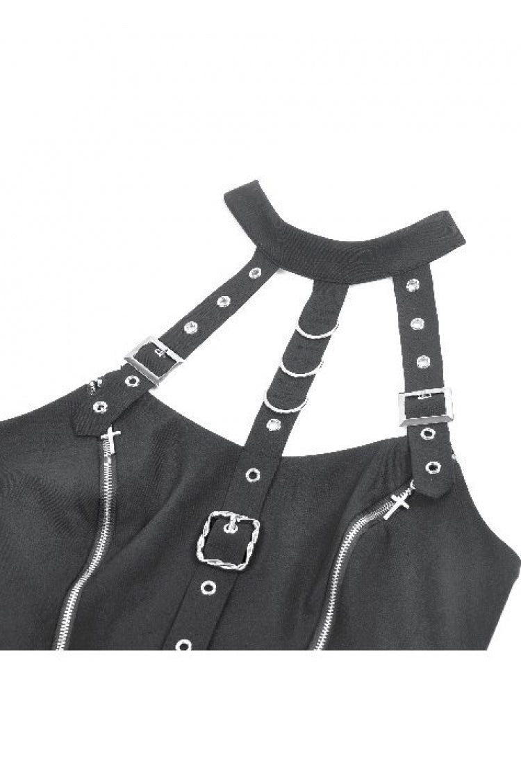 Black Buckled Zippered Women's Punk Halterneck Dress - Product - 15