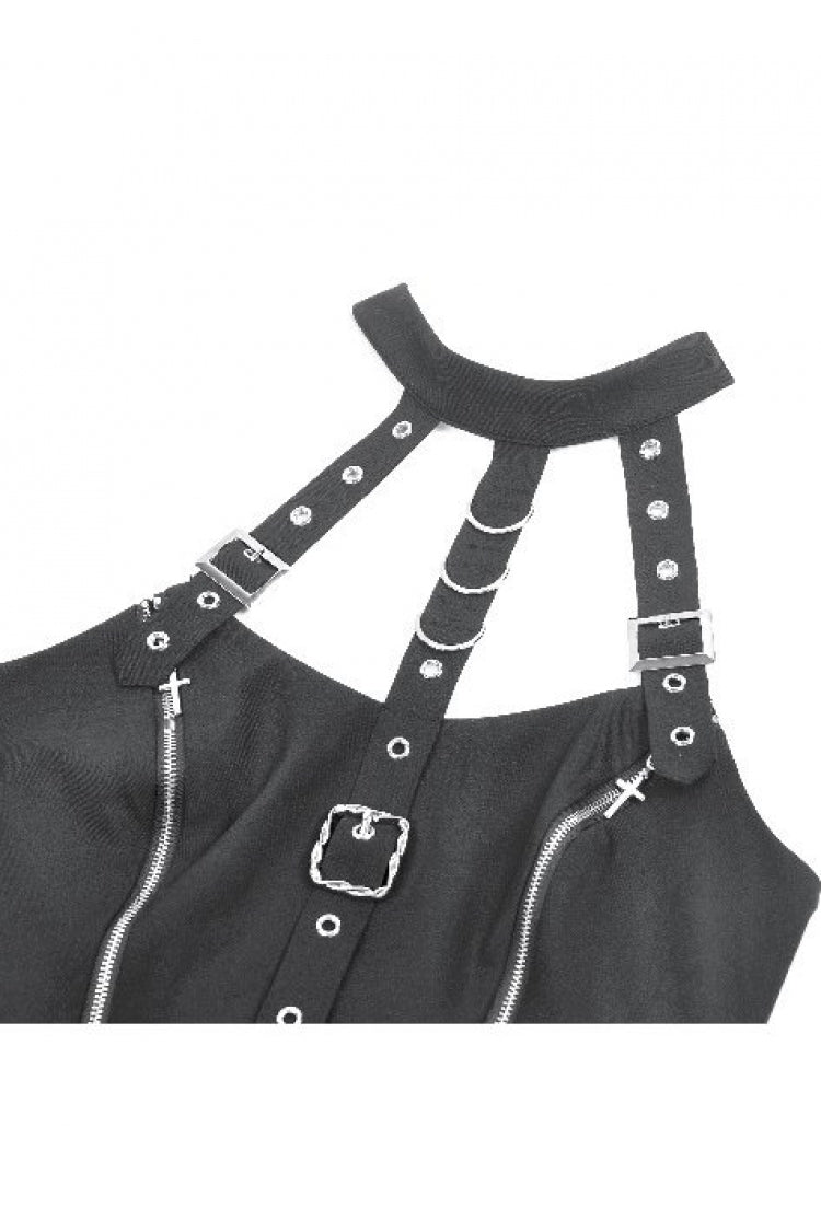 Black Buckled Zippered Women's Punk Halterneck Dress - Product - 15