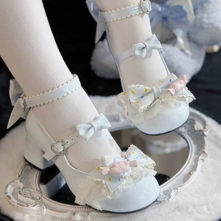 Bowknot Frills Lace-Up Sweet Lolita High Heel Shoes 3 Colors - Sky-Blue - 4