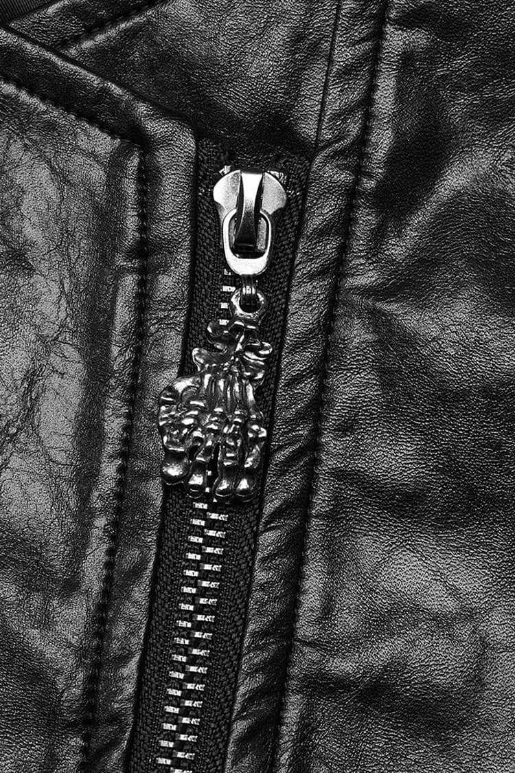 Black Stand Collar Zipper Faux Leather Sharp Shoulders Mens Steampunk Short Coat - Product - 6