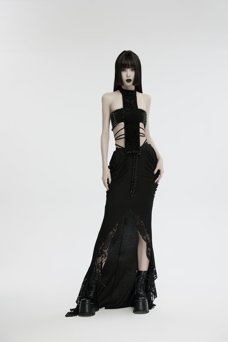 Black Off Shoulder Lace Lace-Up Slim Studded Buckled Women's Gothic Corset - Product - 6