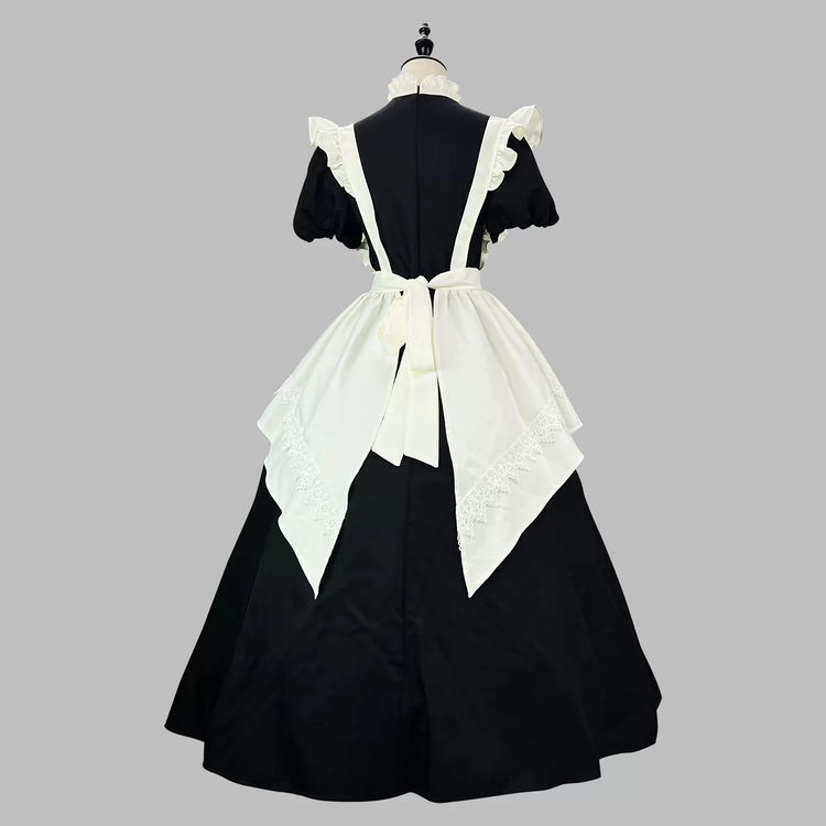Black and White Plaid Ruffled Maid Lolita Dress with Apron Bow Accent - view 4