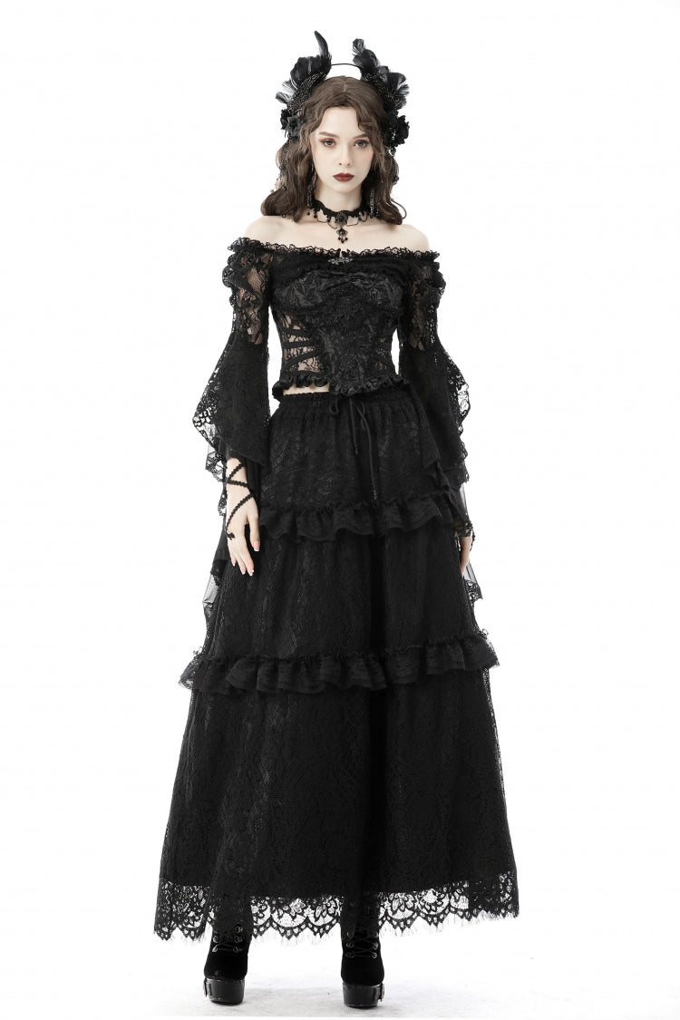 Black Off Shoulder Lace Long Trumpet Sleeves Floral Mesh Women's Gothic Cape - Product - 7