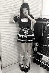 Black [Starry Tulle] Doll Collar Short Sleeves Double-Layered Ruffled Bow Gothic Jirai Kei Japanese Skirt Set - Product - 6