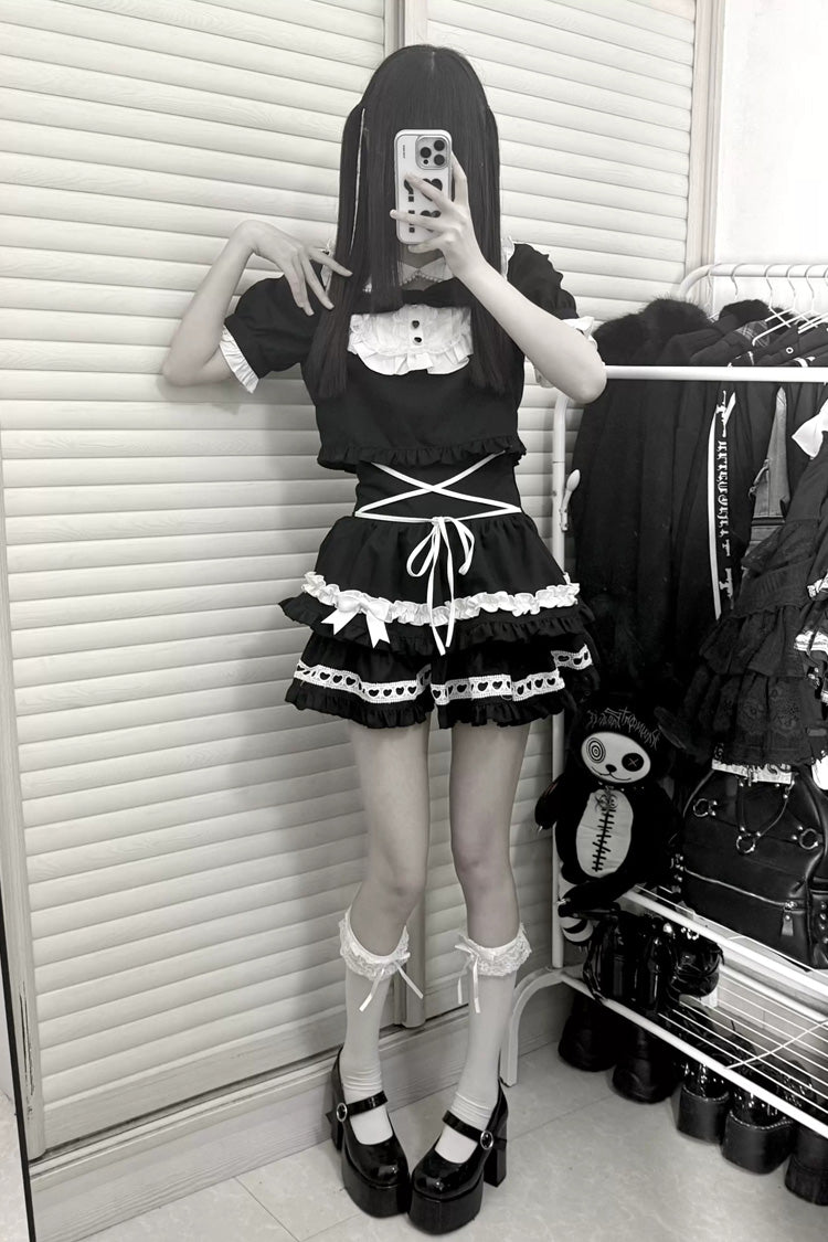 Black [Starry Tulle] Doll Collar Short Sleeves Double-Layered Ruffled Bow Gothic Jirai Kei Japanese Skirt Set - Product - 6