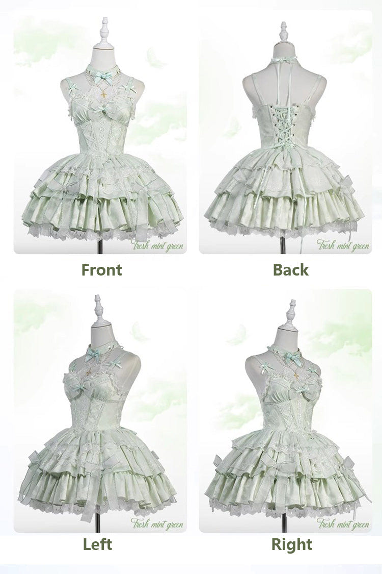 Light Green Halterneck Double-Layered Jacquard Ruffle Bowknot Lace Sweet Ballet Lolita Jsk Dress - Product - 4