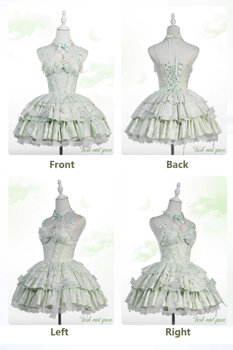 Light Green Halterneck Double-Layered Jacquard Ruffle Bowknot Lace Sweet Ballet Lolita Jsk Dress - Product - 4