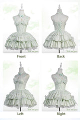 Light Green Halterneck Double-Layered Jacquard Ruffle Bowknot Lace Sweet Ballet Lolita Jsk Dress - Product - 4