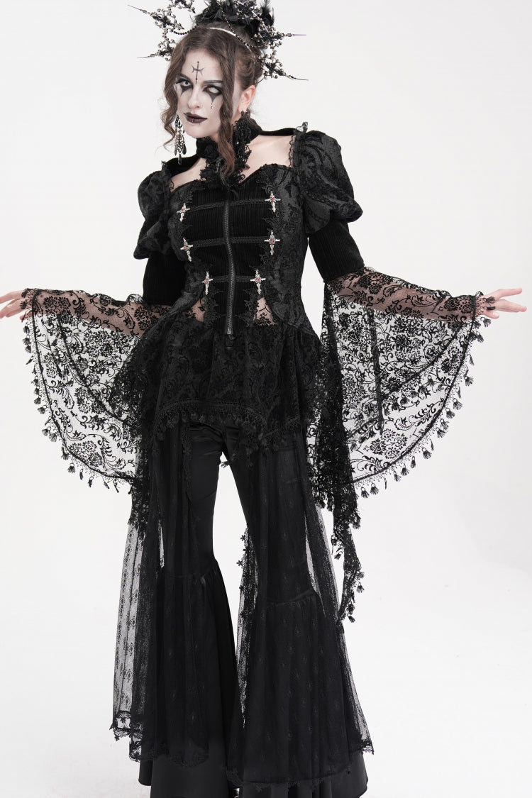 Black Long Sleeves Hollow Lace Tassels Women's Gothic Jacket - Product - 2