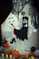 Black/White Lace High Collar Asymmetric Long Trumpet Puff Sleeves Bowknot Women's Lolita Gothic Short Dress - Product - 17