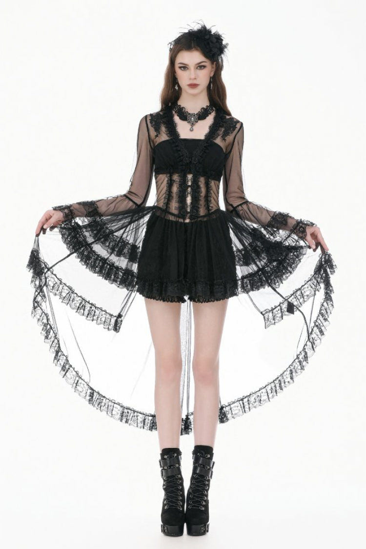 Black Deep-V Ruffled Long Flare Sleeves Sheer Lace Patchwork Lace-Up Women's Gothic Duster - Black - 1