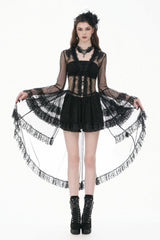 Black Deep-V Ruffled Long Flare Sleeves Sheer Lace Patchwork Lace-Up Women's Gothic Duster - Black - 1