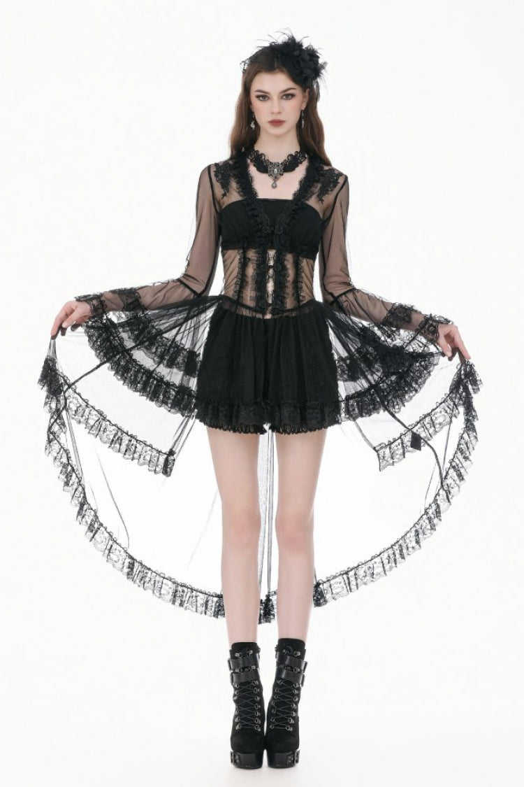 Black Deep-V Ruffled Long Flare Sleeves Sheer Lace Patchwork Lace-Up Women's Gothic Duster - Black - 1
