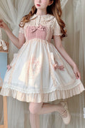 Beige Ruffled Bow Cute Bear Print High Waisted Sweet (Dress Only) front view