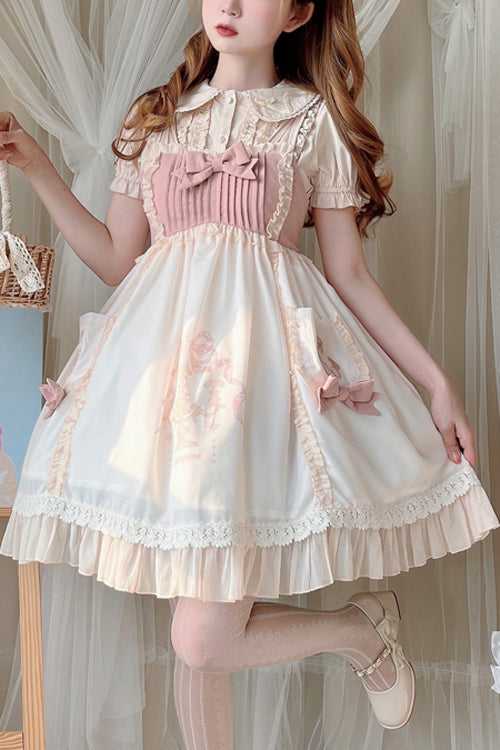 Beige Ruffled Bow Cute Bear Print High Waisted Sweet Lolita JSK Dress - Beige - 1