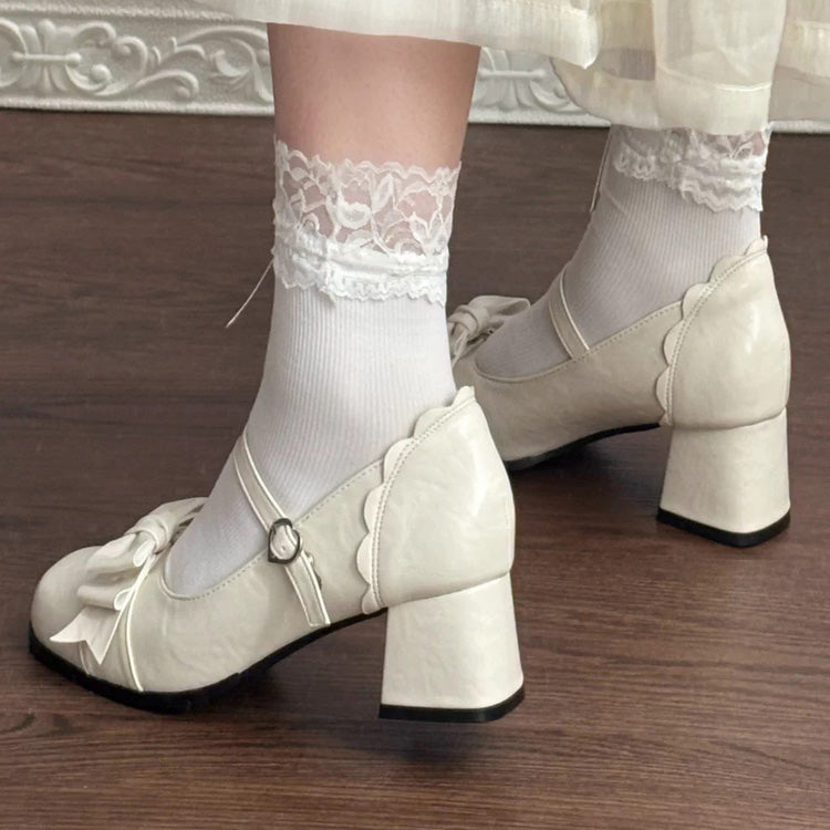 Bowknot Square Toe Sweet College Style Lolita High Heels Shoes 3 Colors - Product - 5