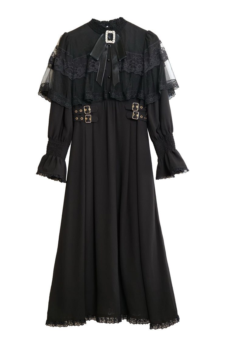 Lace Cape Long Sleeves Bowknot Slim Jirai Kei Japanese Dress 5 Colors - Black - 4