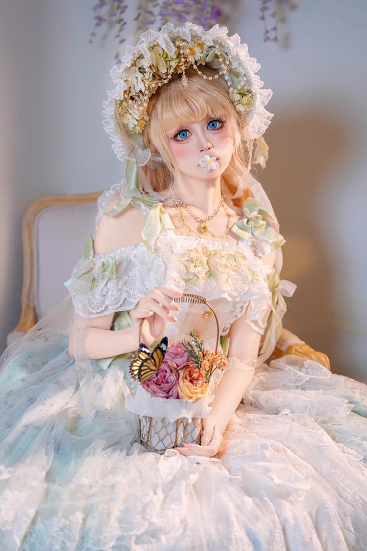 Green [Glazed Phantom] Off Shoulder Ruffle Hanayome Bowknot Lace Sweet Elegant Lolita Dress - Product - 8